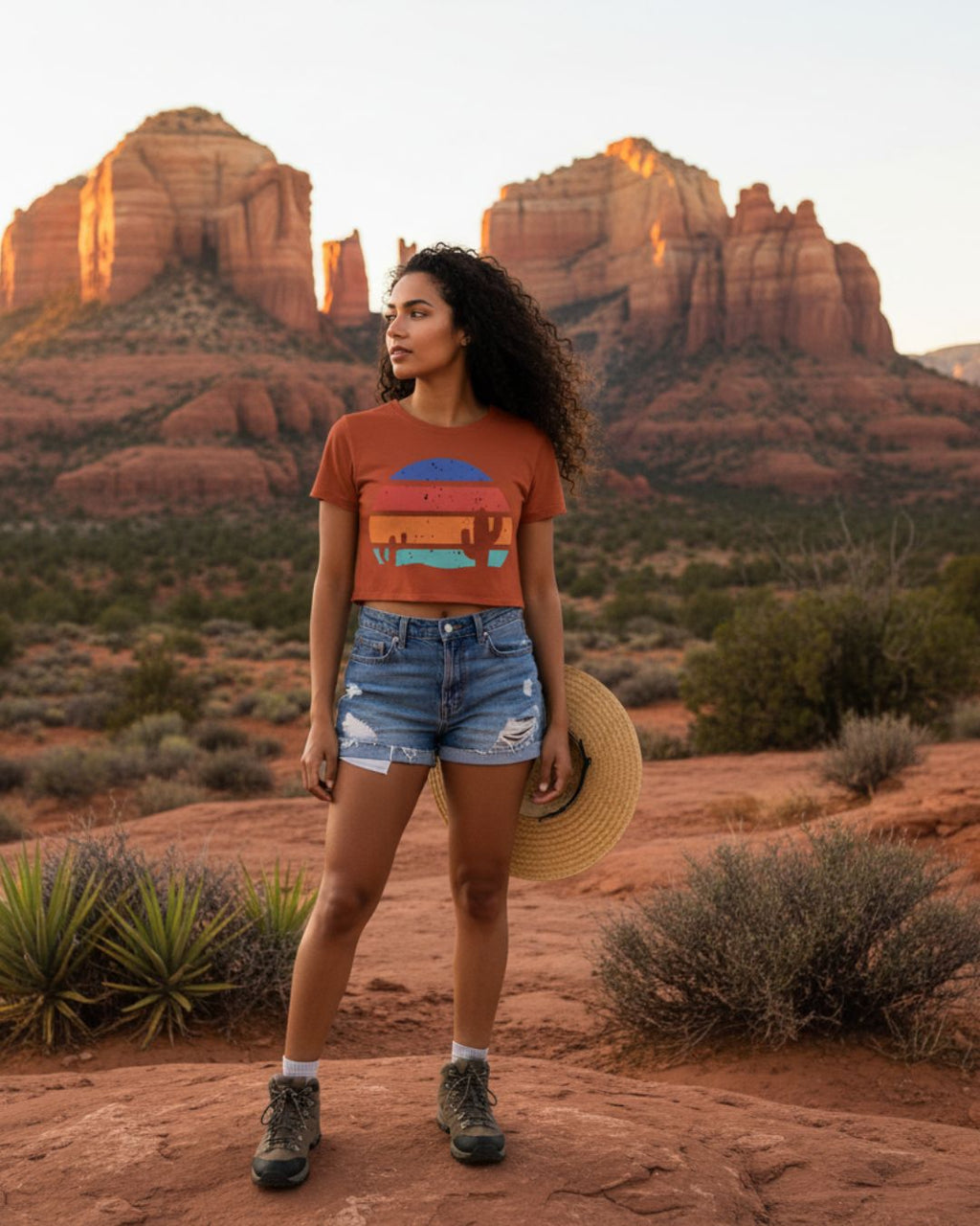 Women’s Crop Top — Retro Desert Sunset Cactus Festival Tee