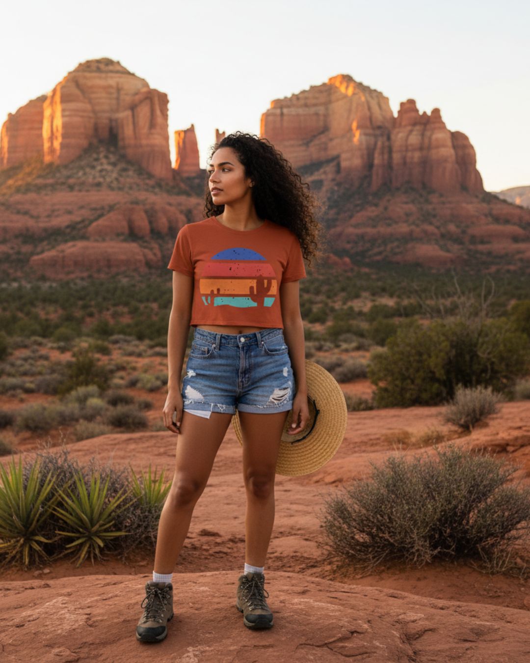 Women’s Crop Top — Retro Desert Sunset Cactus Festival Tee