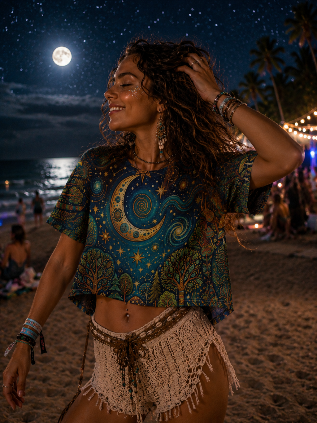 Mystical Forest Moon Crop Tee — Celestial Mushroom Nightscape