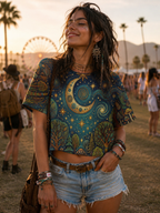 Mystical Forest Moon Crop Tee — Celestial Mushroom Nightscape