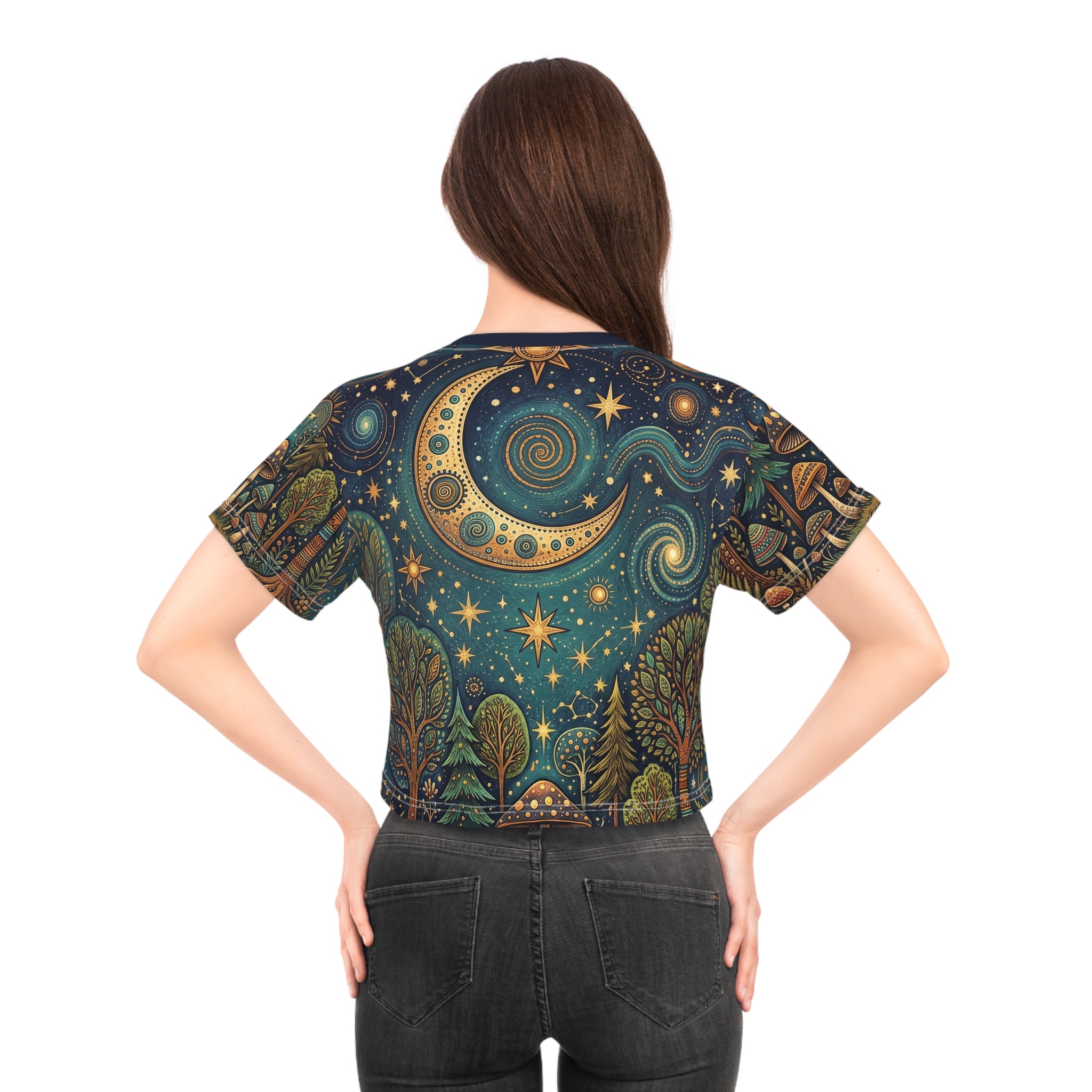 Mystical Forest Moon Crop Tee — Celestial Mushroom Nightscape