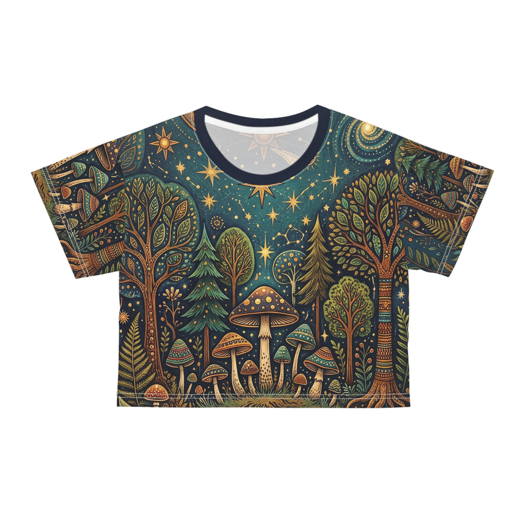Mystical Forest Moon Crop Tee — Celestial Mushroom Nightscape