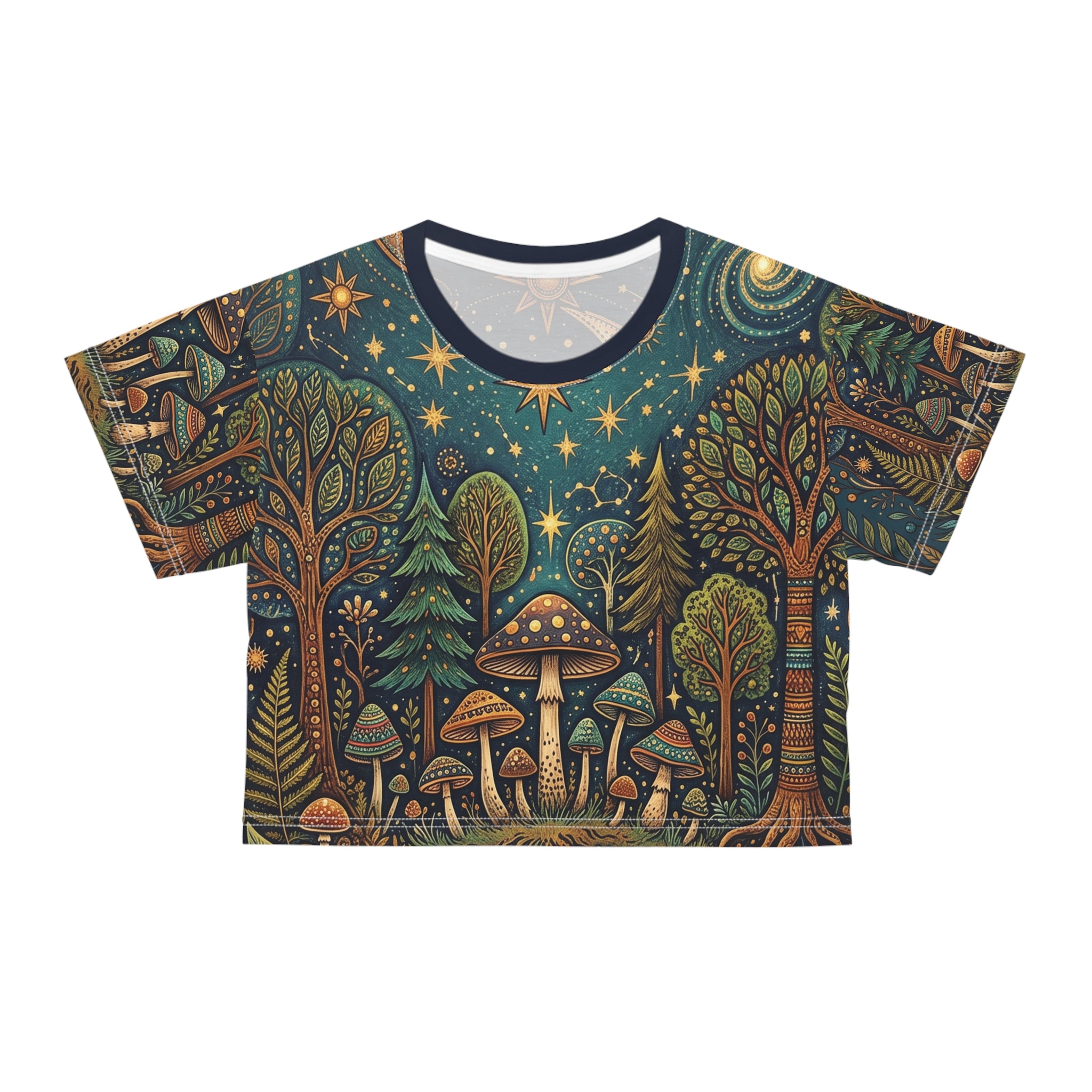 Mystical Forest Moon Crop Tee — Celestial Mushroom Nightscape
